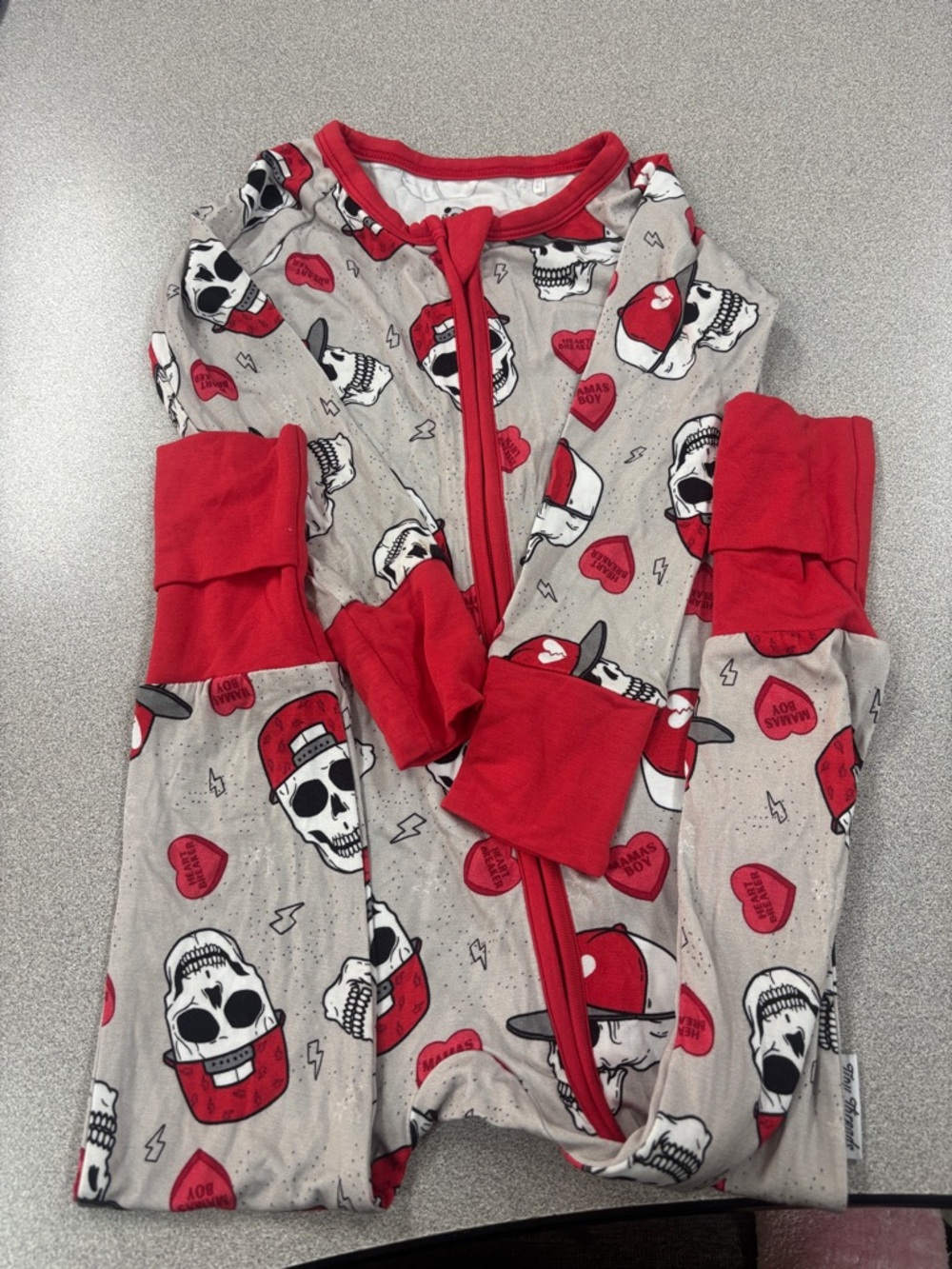Tiny Threads. Red & Gray Skull Print Baby Zipper Romper